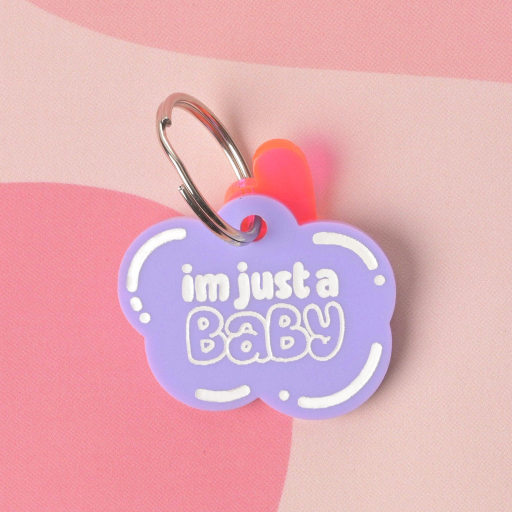 Im Just a Baby, Statement Personalized Pet Tag, Lavender Cat and Dog ID Tag