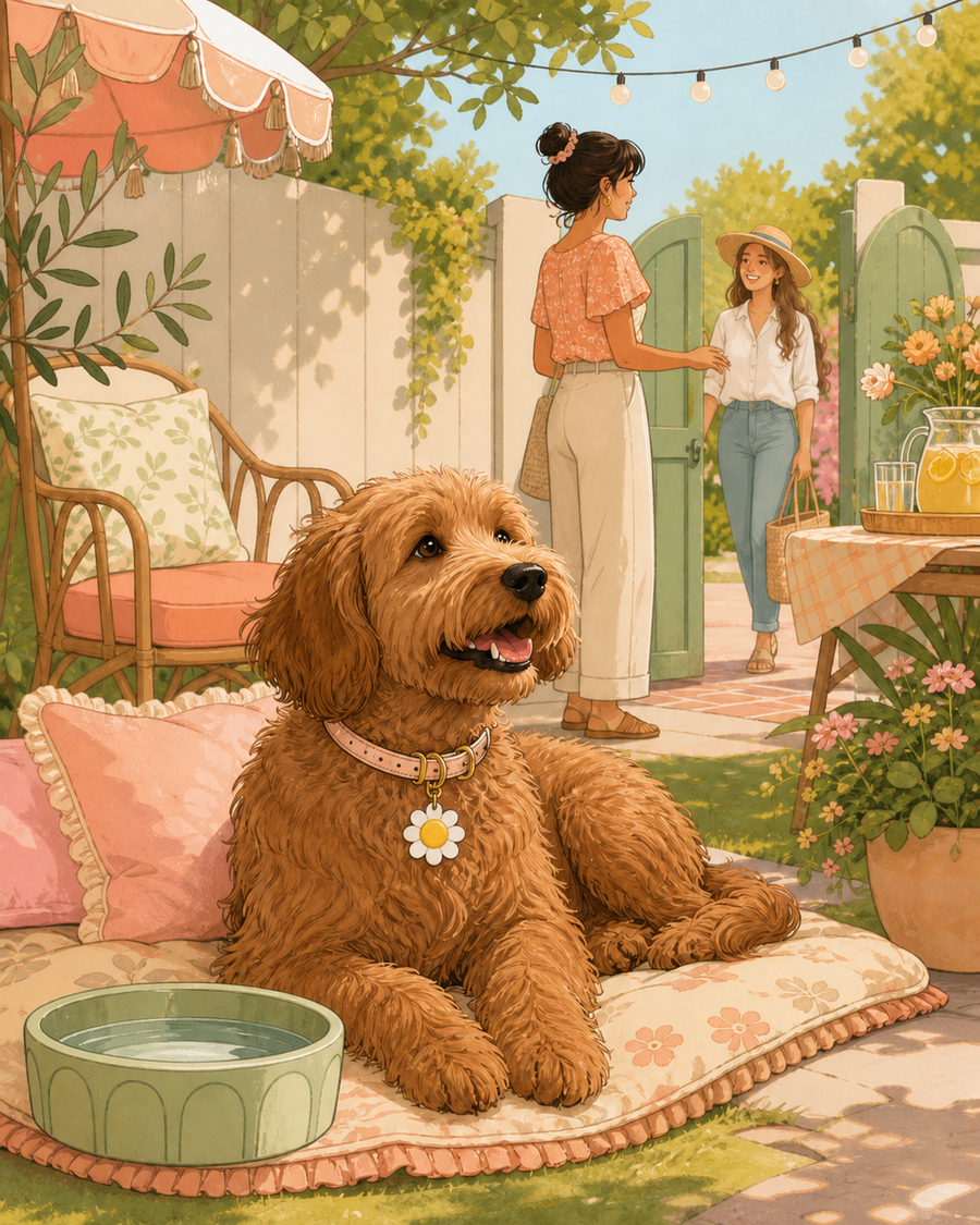 Fluffy brown dog wearing a daisy-shaped ID tag relaxing in a shaded backyard party setup while guests arrive through the gate.
