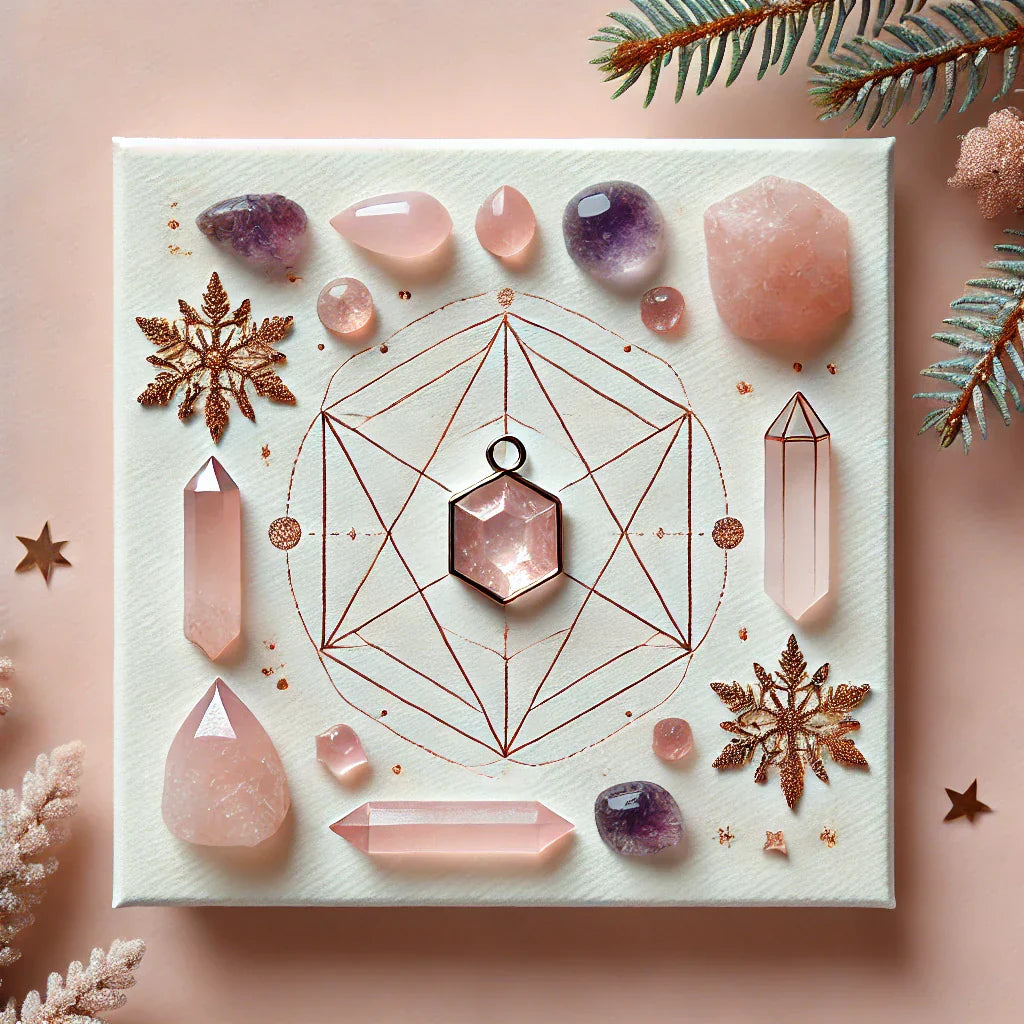 Flat lay of a crystal grid on a blush pink background, featuring rose quartz, amethyst, and clear quartz