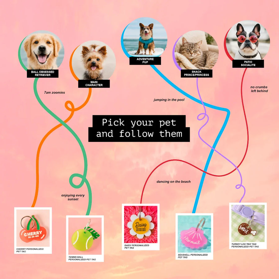 Summer pet personality quiz graphic showing five pets matched to personalized pet ID tags from Em & Me Studio.