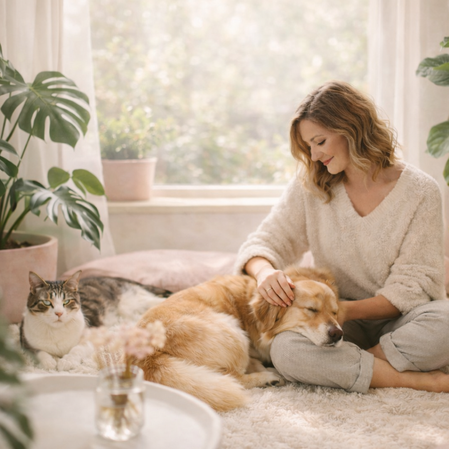 Cozy sunlit living room with a woman sitting on a rug petting her dog, a cat lounging nearby, and pink and cream planters with lush houseplants creating a warm, modern home atmosphere.