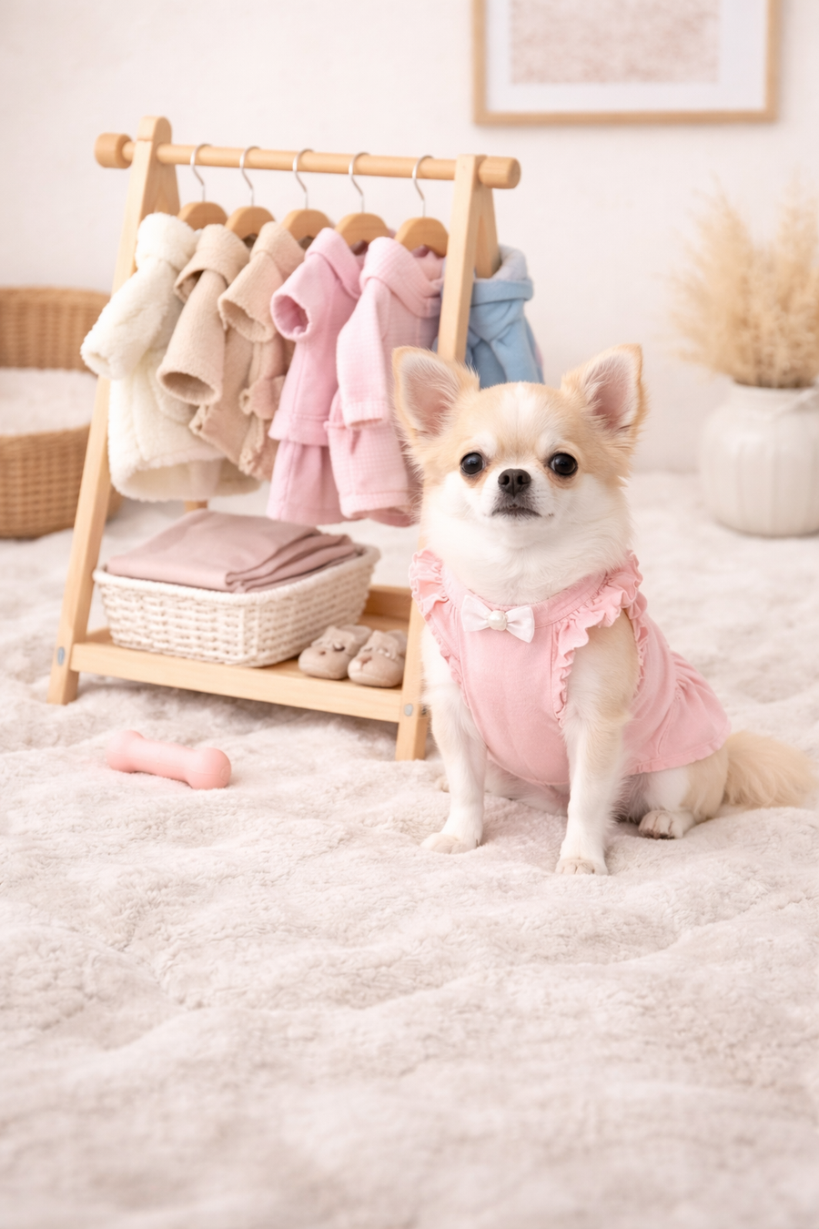Cream-colored Chihuahua sitting on a soft cream rug wearing a blush pink ruffled dress with a bow, in front of a miniature wooden clothing rack holding pastel dog outfits, styled in a cozy, softly lit neutral-toned room.