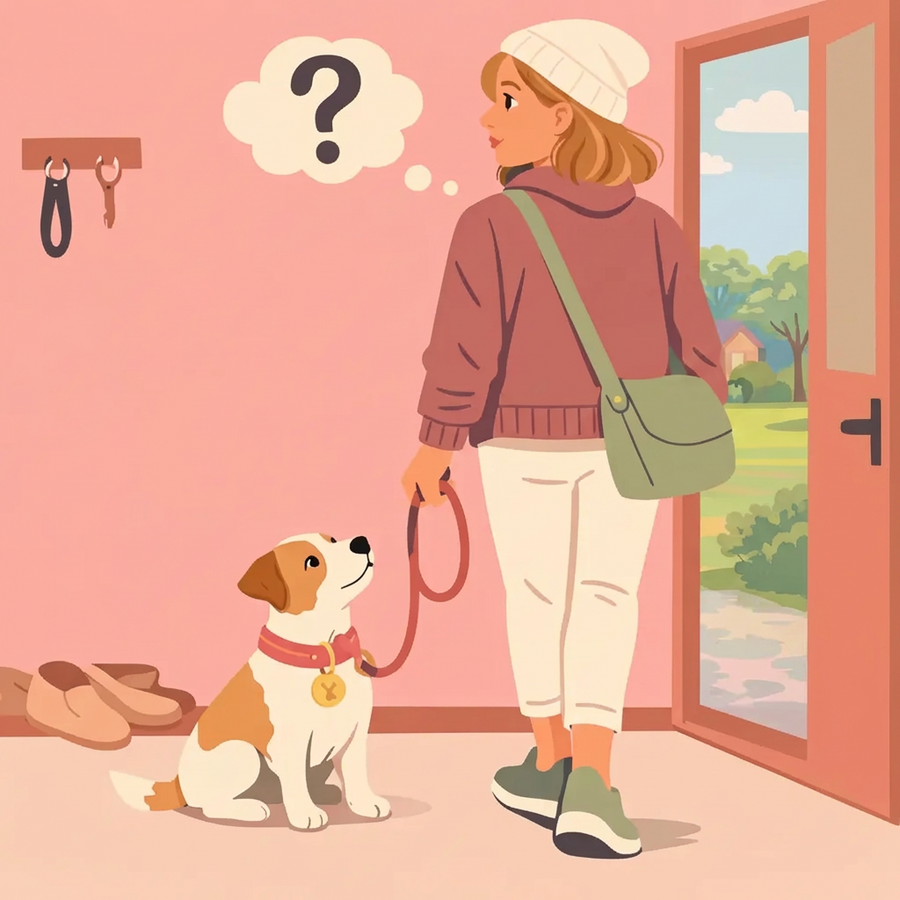 A woman holding a leash stands at an open doorway with her dog sitting beside her, looking up at her, while a question mark appears above her head.