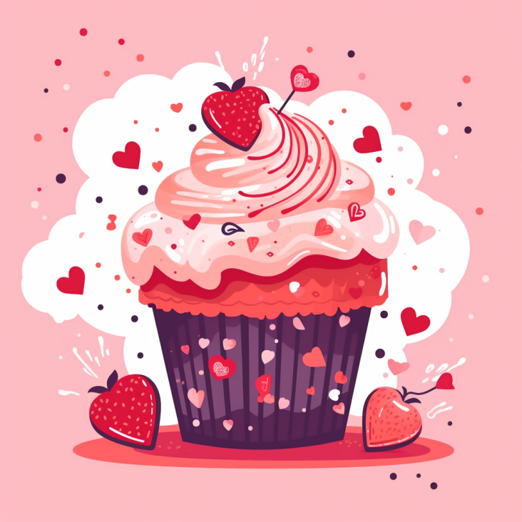 v-day cupcake recipes text on a peach background with sprinkles around it