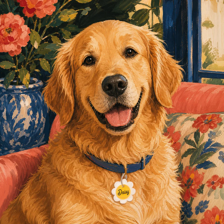 Illustrated golden retriever wearing a blue collar and personalized daisy-shaped tag, sitting on a floral chair in a bright, garden-inspired room with flowers and blue window trim.
