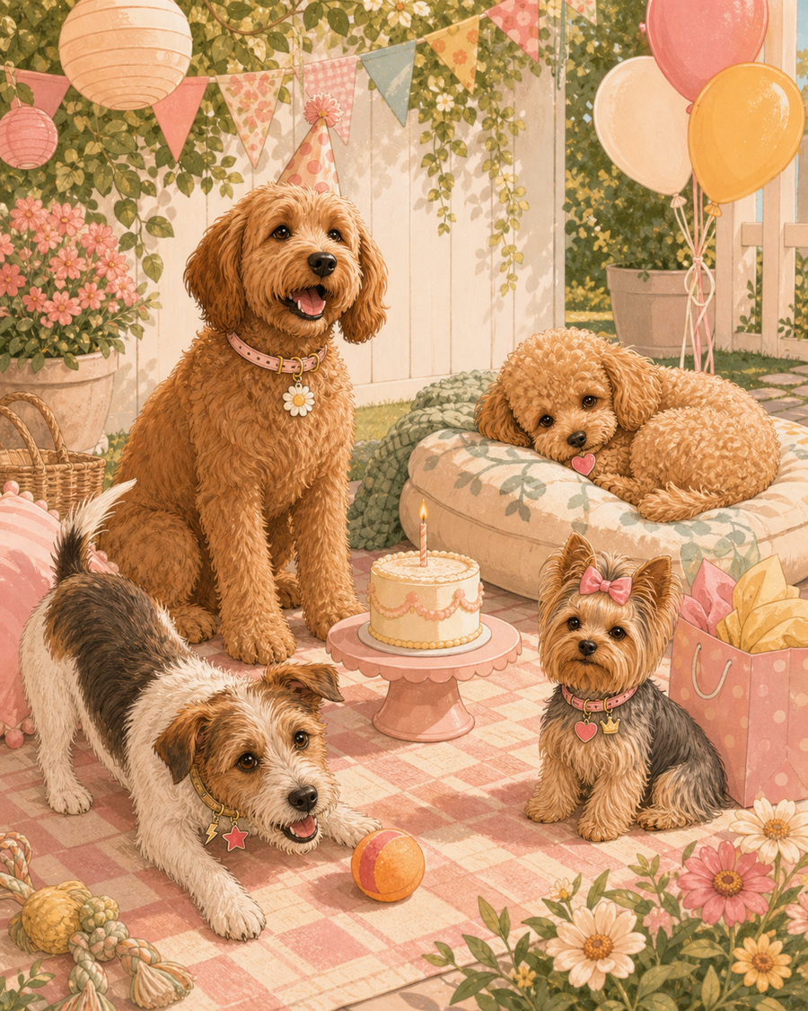 Four dogs with different party personalities gather around a pastel birthday setup wearing colorful tags and small festive details.