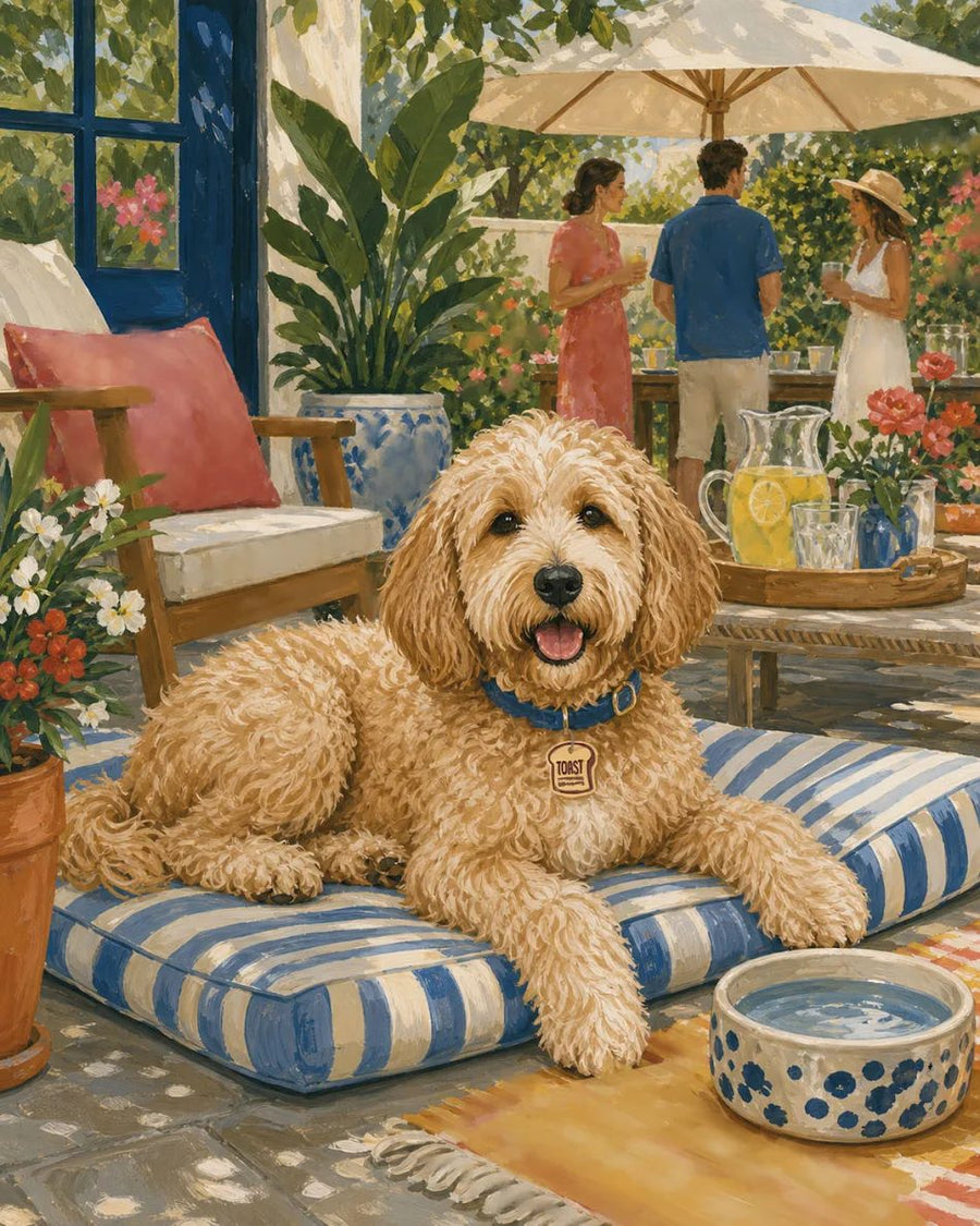 Illustrated goldendoodle wearing a blue collar and personalized tag, lounging on a striped cushion on a sunny patio. A water bowl, flowers, lemonade, and guests under an umbrella create a cheerful outdoor party scene