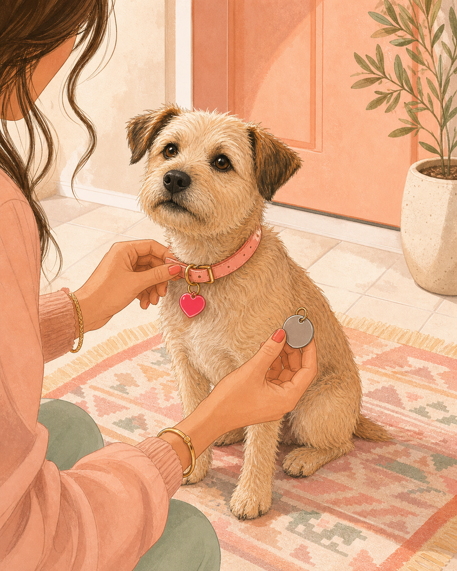 Small terrier mix wearing a colorful acrylic ID tag while a pet parent adjusts the collar and compares it with a metal tag by the front door.