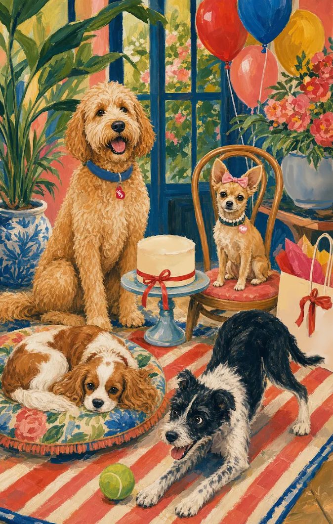 Illustrated party scene with four dogs wearing colorful Em & Me tags in a bright, floral room. A goldendoodle sits beside a cake, a chihuahua poses on a chair, a cavalier rests on a patterned dog bed, and a black-and-white terrier plays with a tennis ball
