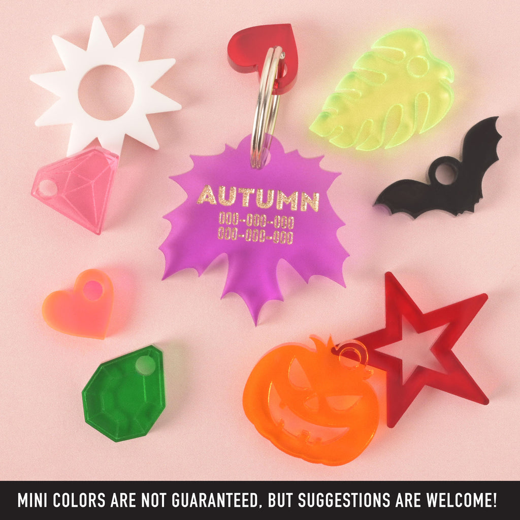 A collection of pet tags and charms scattered on a solid pink background. The central piece is a personalized purple maple leaf-shaped pet tag with the name "AUTUMN" and a placeholder phone number on it. A small red heart charm is attached. Surrounding it are various charms, including a white starburst, a pink diamond, a neon orange heart, a green gemstone, a neon yellow leaf, a black bat, an orange carved pumpkin, and a red star. The image also contains the text "MINI COLORS ARE NOT GUARANTEED, BUT SUGGEST