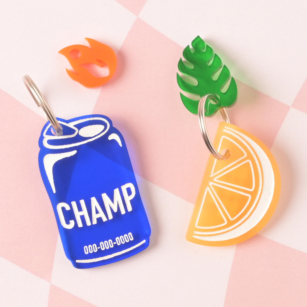 Blue beer can-shaped and lemon wedge-shaped Personalized pet tags with flame and monstera leaf mini charms on checked pink background.