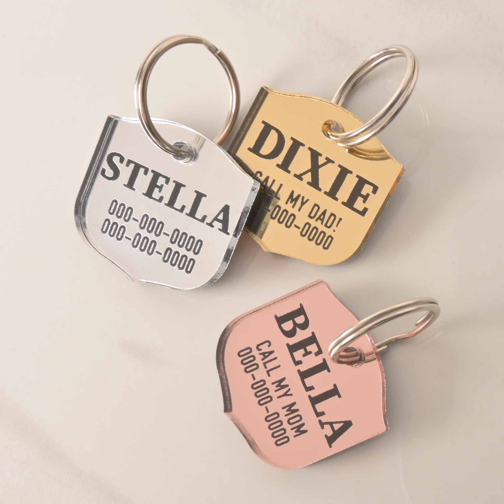 A set of three personalized pet tags in a shield shape. The tags include a silver one for "STELLA," a gold one for "DIXIE," and a pink one for "BELLA." Each tag has a placeholder phone number and is attached to a silver ring for a collar. The items are displayed on a light-colored, solid surface.