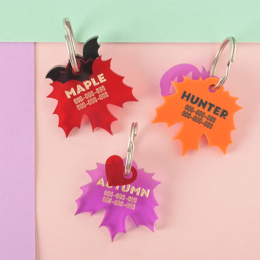 A collection of three personalized maple leaf-shaped pet tags in various colors. The red tag has the name "MAPLE" and a black bat charm. The orange tag has the name "HUNTER" and a purple carved pumpkin charm. The purple tag has the name "AUTUMN" and a red heart charm. Each tag has a placeholder phone number and is attached to a silver ring for a collar. The items are displayed on a light pink, purple, and mint green background.