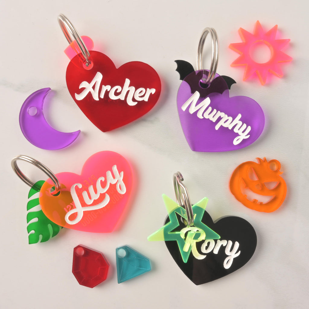 A collection of custom heart-shaped acrylic pet ID tags with names Archer, Murphy, Lucy, and Rory in white script, each paired with colorful themed charms like bats, stars, leaves, and moons on a light background