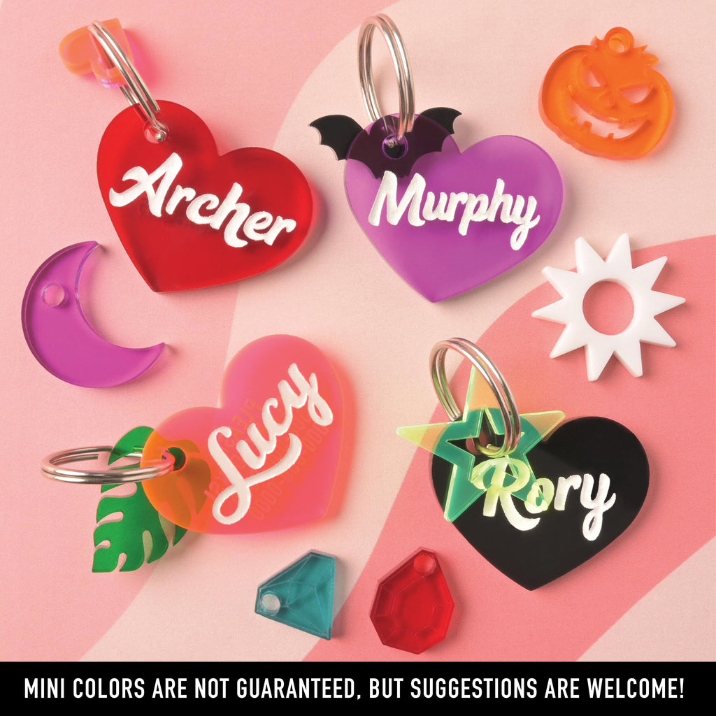 Colorful display of four custom plastic heart-shaped pet ID tags with names Archer, Murphy, Lucy, and Rory in white script, each with unique mini acrylic charms including stars, leaves, moons, and pumpkins; note at the bottom states 'Mini colors are not guaranteed, but suggestions are welcome'