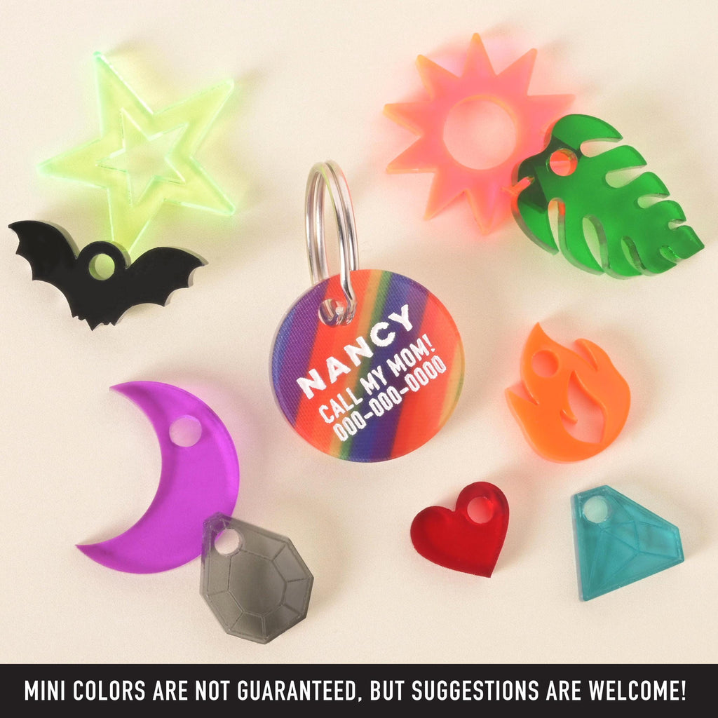 Round rainbow pet ID tag engraved with name and phone number, surrounded by colorful acrylic mini charms including star, sun, moon, bat, leaf, heart, flame, and gem.