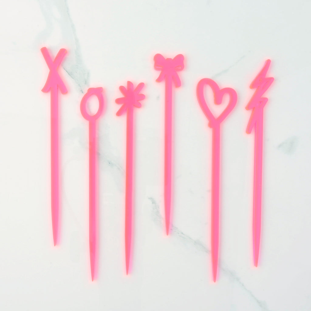 Set of 6 Fluorescent pink hand drawn love cocktail stirrers. X, O, Asterisk, bow, heart and lighting bolt shapes for wedding bachlorette party drinks