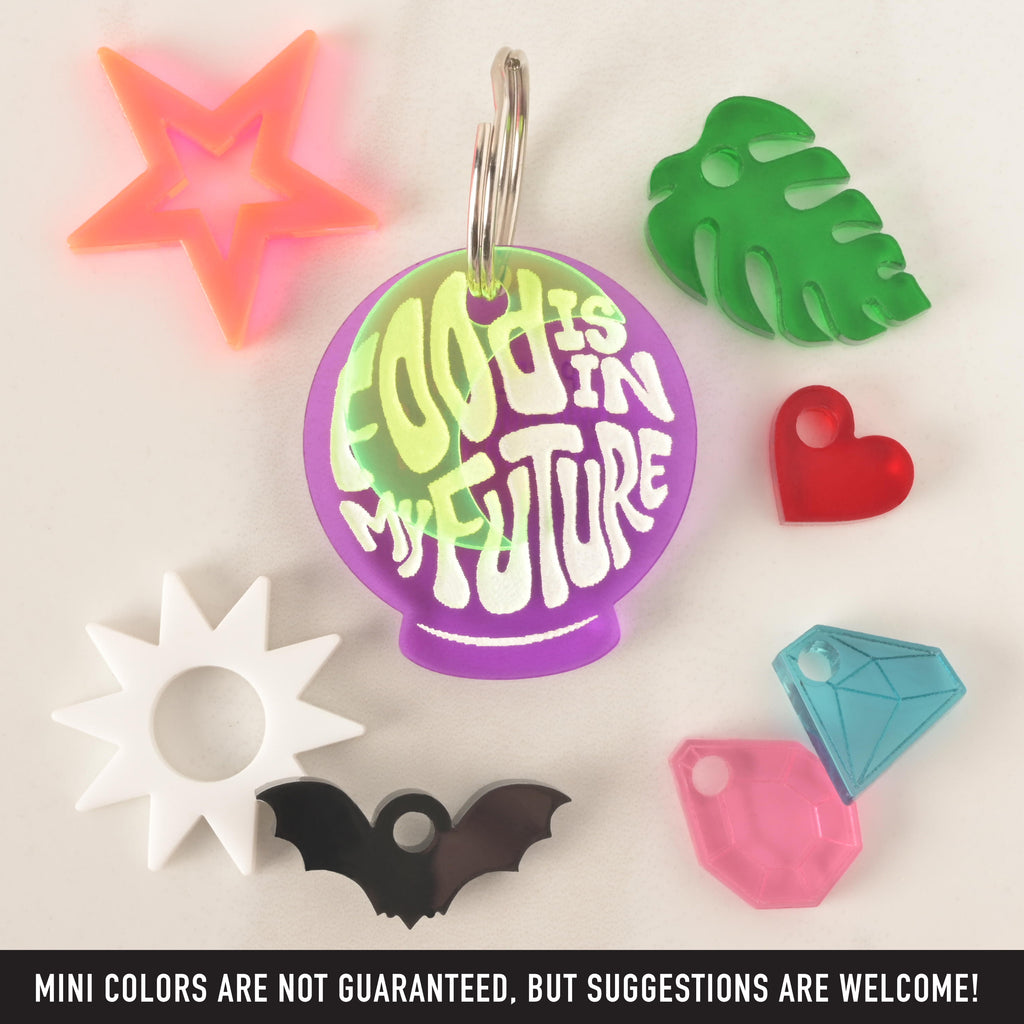 A collection of pet tags and charms scattered on a white surface. The central piece is a purple orb-shaped tag that says "FOOD IS IN MY FUTURE" in a white groovy font. Surrounding it are various charms, including a neon orange star, a green monstera leaf, a red heart, a black bat, a white sun, a pink gemstone, and a blue diamond. The image also contains the text "MINI COLORS ARE NOT GUARANTEED, BUT SUGGESTIONS ARE WELCOME!"