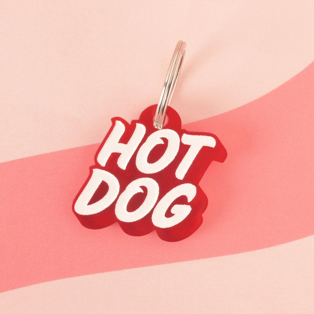 A red pet tag in the shape of a speech bubble that says "HOT DOG" in a white groovy font. The tag is attached to a silver ring and is resting on a pink background with a wavy design.