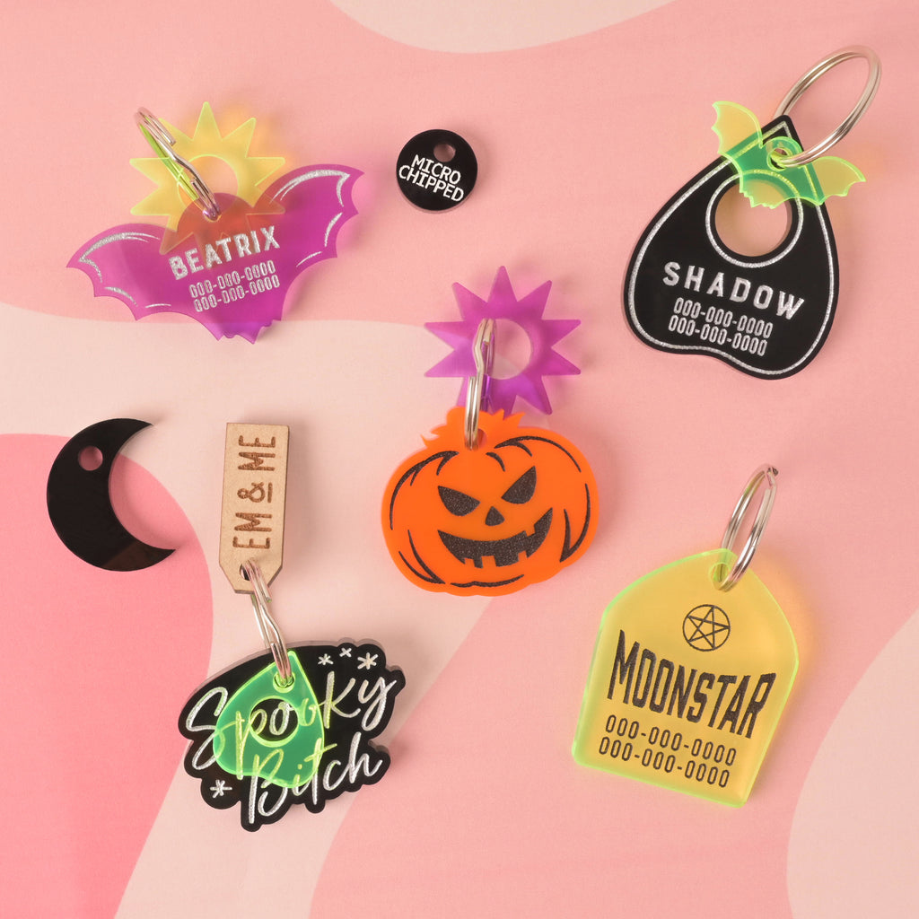 Collection of halloween inspired Pet ID tags, purple bat, black planchet, "spooky bitch" and fluorescent green  tombstone with seasonal minis around them 