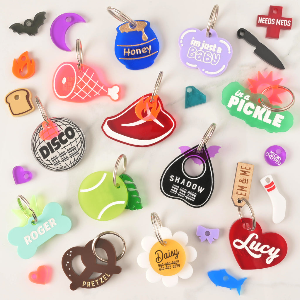 A large, scattered collection of personalized pet tags and small charms in many shapes and colors. The tags include a disco ball, a bone for "ROGER," a honey pot for "Honey," a cloud for "i'm just a baby," a black planchette for "SHADOW," a tennis ball, a white flower for "Daisy," and a red heart for "Lucy." Other tags are shaped like a ham, a steak, and a pickle that says "in a PICKLE." Charms include a bat, a crescent moon, a flame, a piece of toast, a pretzel, a bone, a red cross that says "NEEDS MEDS," 