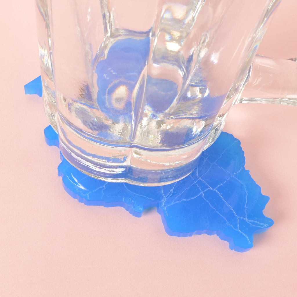 blue Illinois State Shaped Coaster, 1 Single Coaster, State Love, fighting illini Fan with glass mug on top