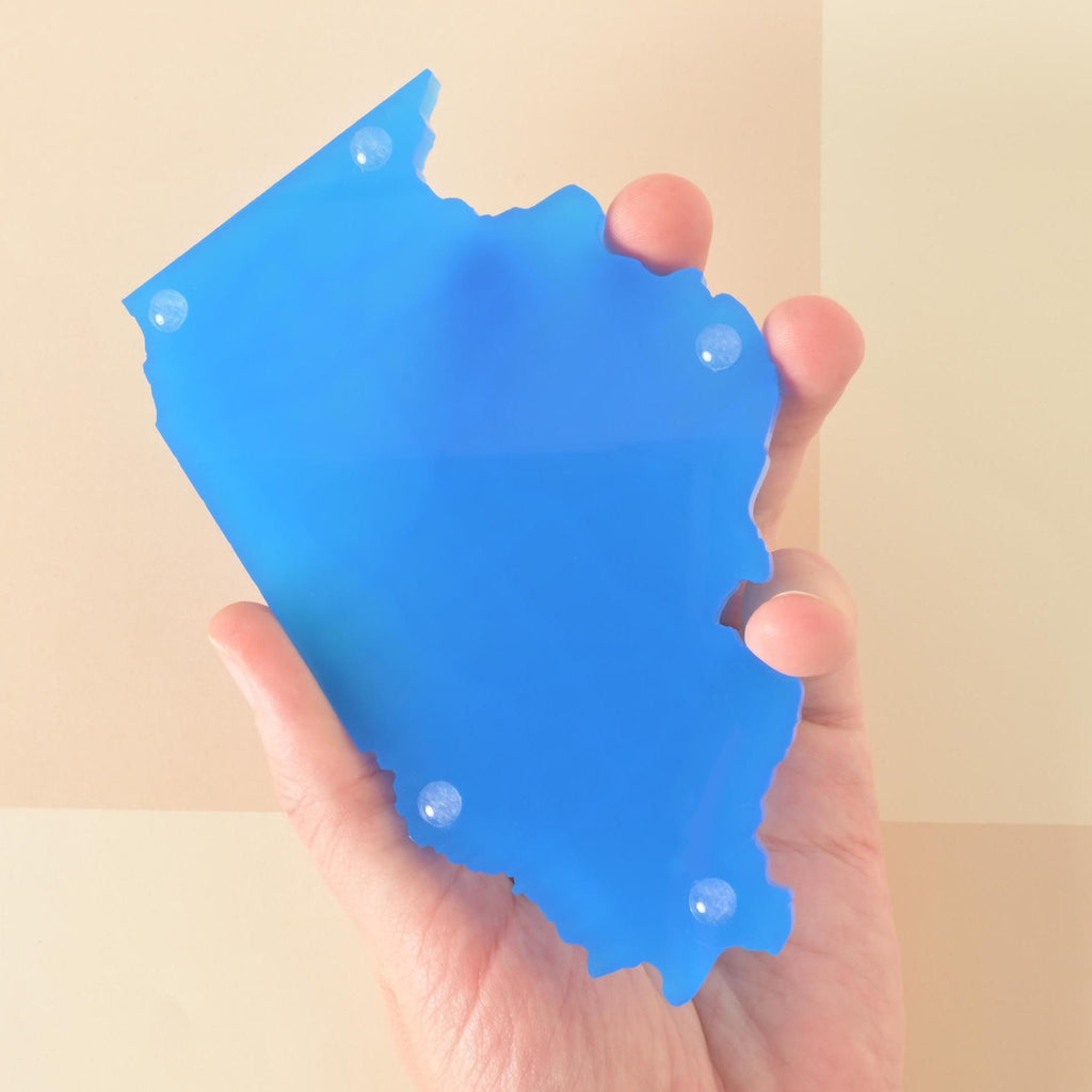 Translucent Blue Illinois State Map Shaped Coaster, 1 Single Coaster, State Love, fighting illini Fan bing held showing the back side