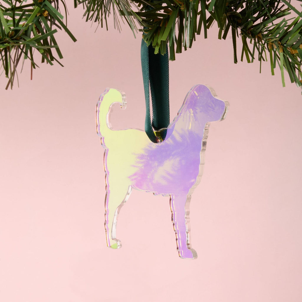 A laser-cut short-haired dog silhouette ornament made from iridescent duochrome acrylic, shifting between neon yellow, pink, and purple. The ornament is hanging by a dark green ribbon from a pine branch, set against a pink background.