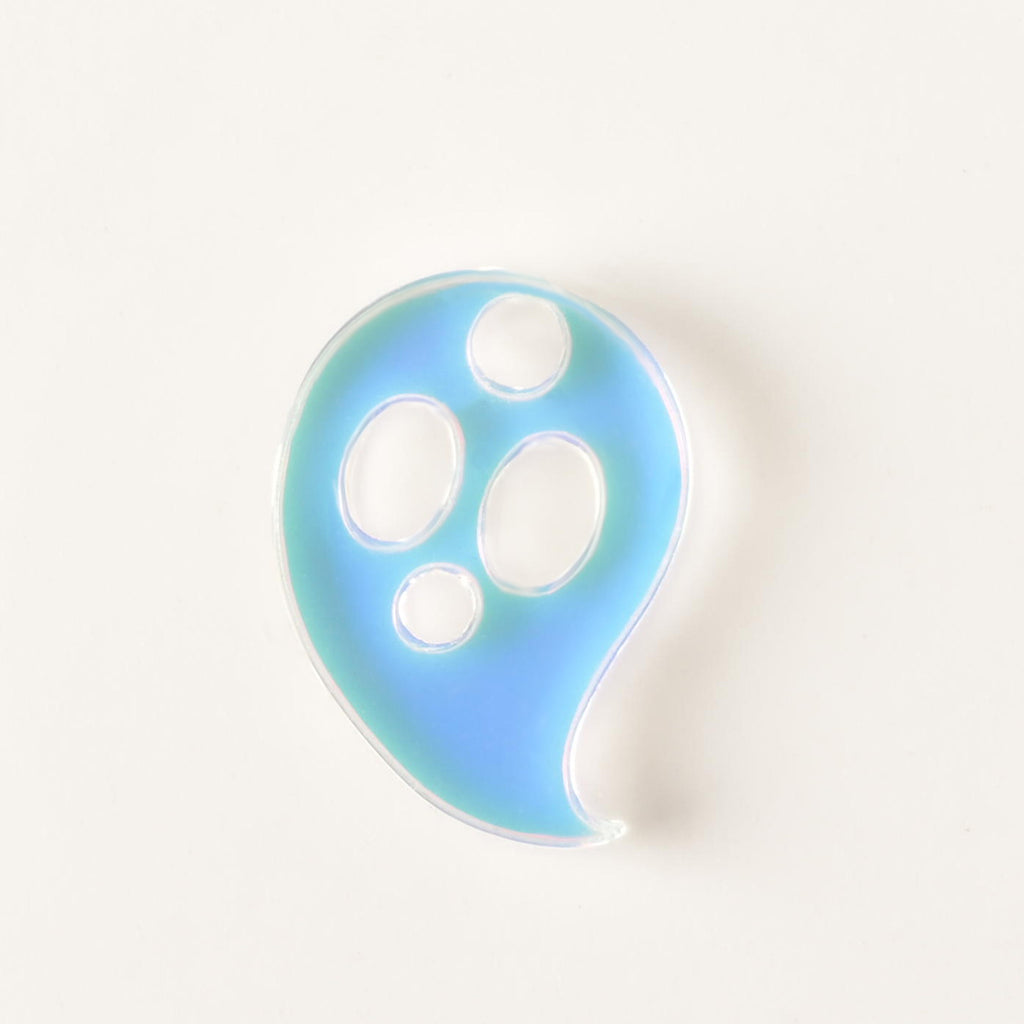 iridescent ghost-shaped mini charm with hole for hanging on solid white background