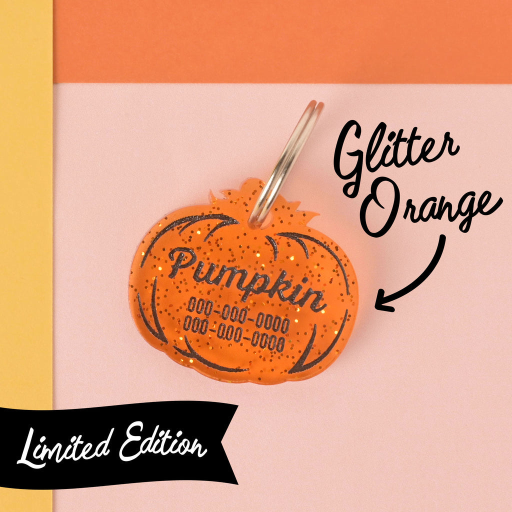 A custom, limited edition, glitter orange pumpkin-shaped pet ID tag. The translucent tag is filled with black glitter specs and is engraved with the name "Pumpkin" and a phone number in black font. The tag is attached to a silver keyring. Text on the image labels it as "Glitter Orange" and "Limited Edition." The tag is shown on a pink, orange, and yellow color-blocked background.