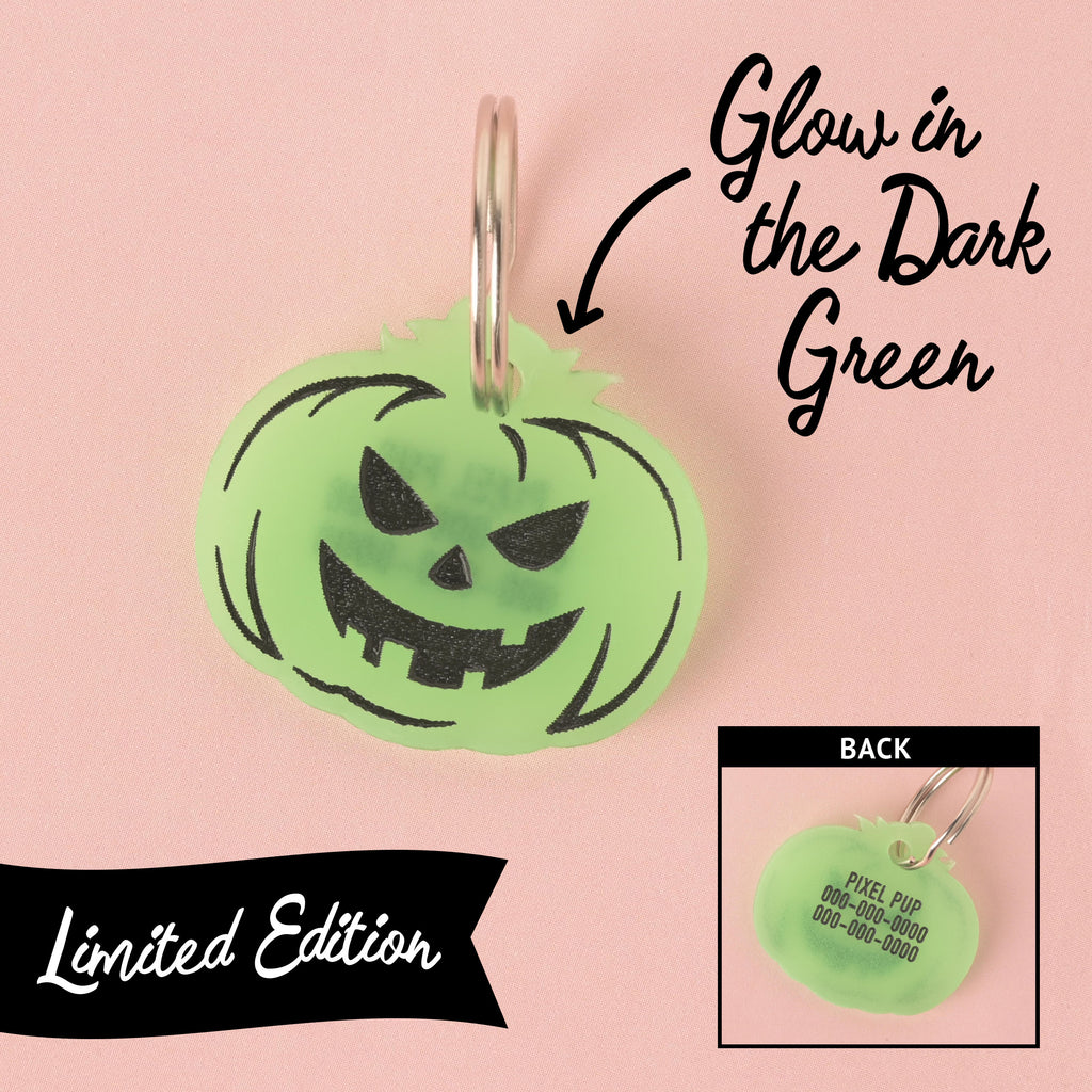 A promotional image of a limited edition, glow-in-the-dark green pumpkin-shaped pet ID tag with a silver keyring. The front has a black jack-o'-lantern face. A smaller inset photo shows the back, which is engraved with "PIXEL PUP" and a phone number. Text on the image labels the tag "Glow in the Dark Green" and "Limited Edition." The background is a solid pink.