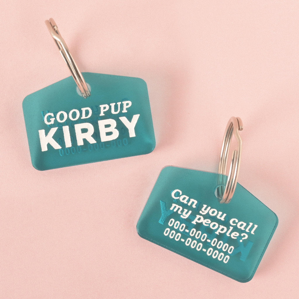 personalized blue-green dog tags. The front of one tag says "GOOD PUP KIRBY" in white letters, while the back of the other says "Can you call my people?" with a placeholder phone number. Both tags are attached to a silver ring, perfect for a collar, and are displayed on a light pink background.