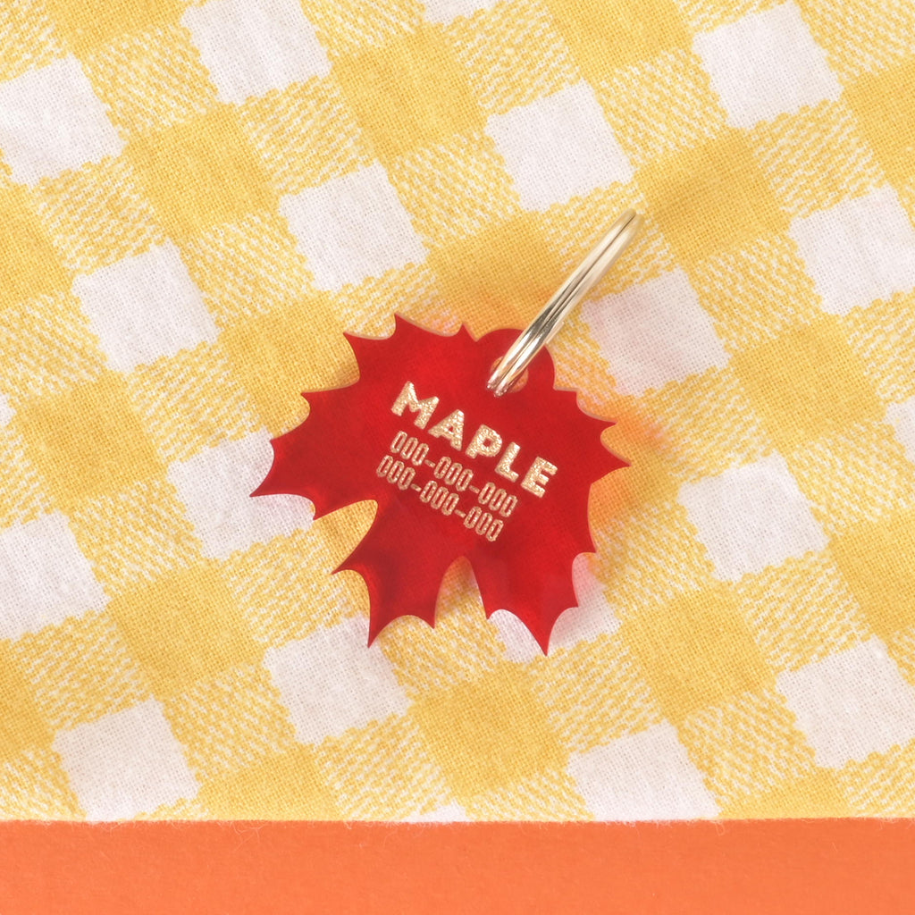 Red acrylic maple leaf-shaped pet ID tag engraved with the name Maple and phone numbers, displayed on a yellow gingham cloth.