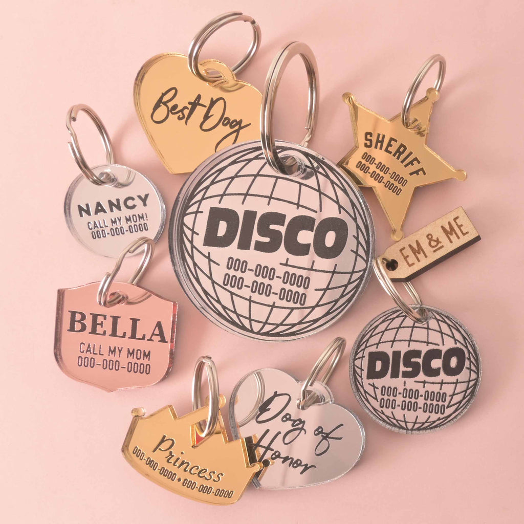 A large collection of personalized pet tags in various shapes and colors scattered on a solid pink background. The tags include a silver round tag that says "NANCY," a pink one for "BELLA," a gold star for "SHERIFF," a gold crown for "Princess," a silver "Dog of Honor" tag, and two "DISCO" ball tags. Other tags include a gold heart for "Best Dog" and a small wooden "EM & ME" tag.