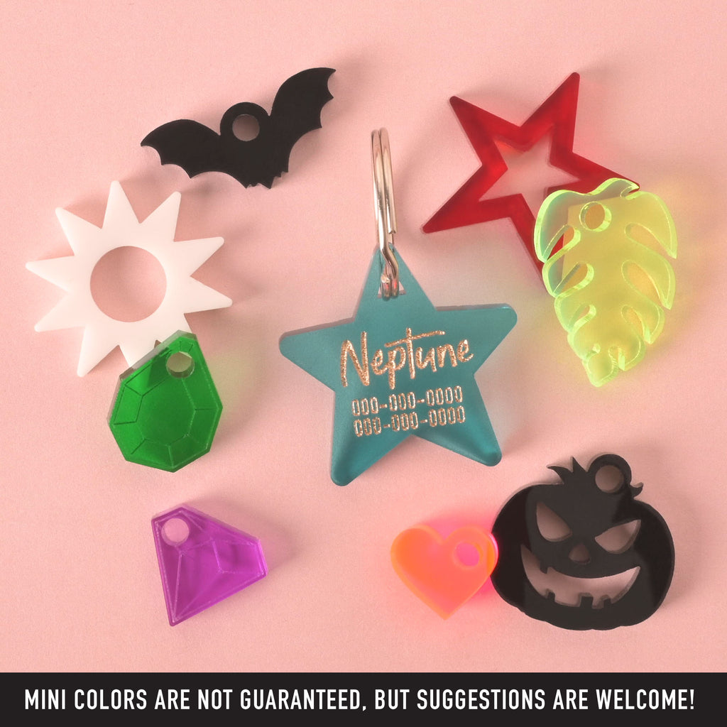 A personalized teal star-shaped pet tag with the name "Neptune" and a placeholder phone number. Surrounding the tag are various charms, including a white sunburst, a black bat, a red star, a neon yellow monstera leaf, a neon pink heart, a black carved pumpkin, a purple gemstone, and a green gemstone. The image also contains the text "MINI COLORS ARE NOT GUARANTEED, BUT SUGGESTIONS ARE WELCOME!" The items are displayed on a solid pink background.