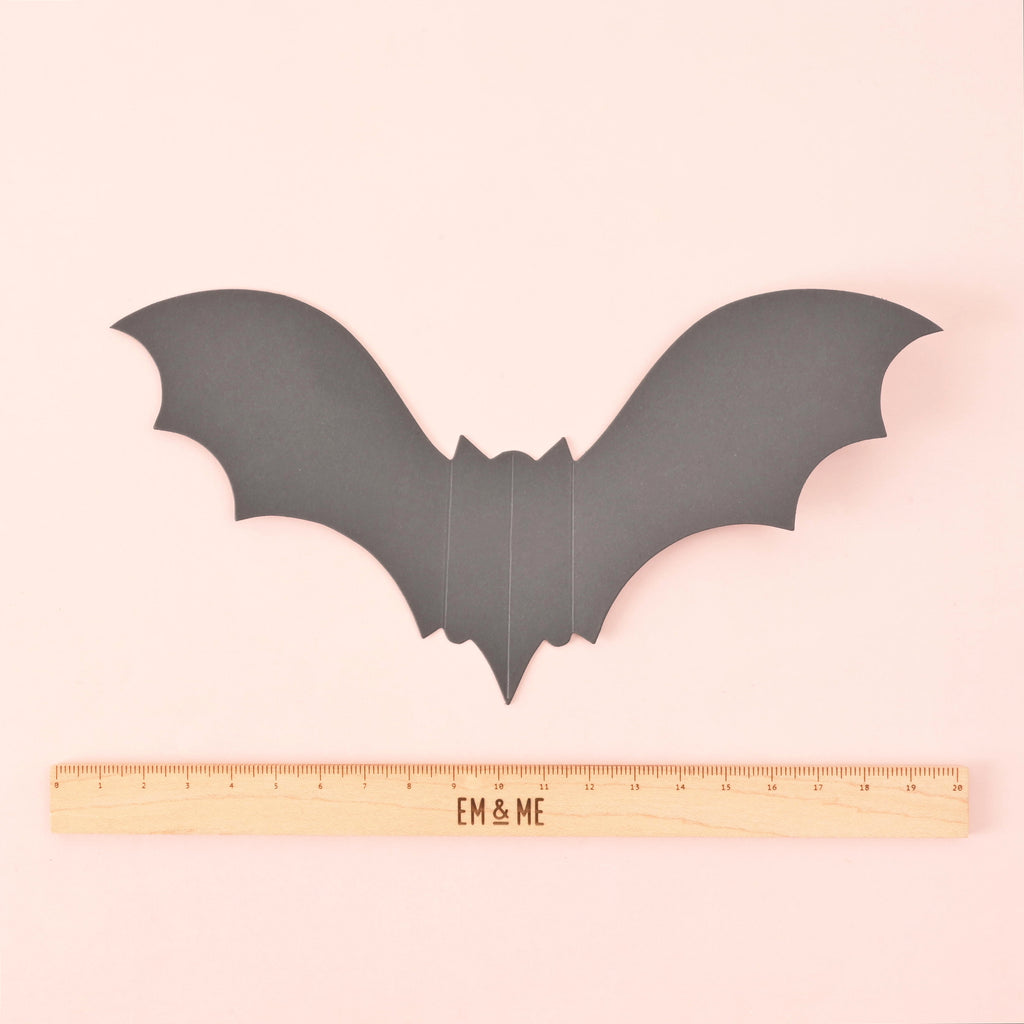 Single black paper bat with wooden ruler that reads "EM  & ME" on solid pink background.