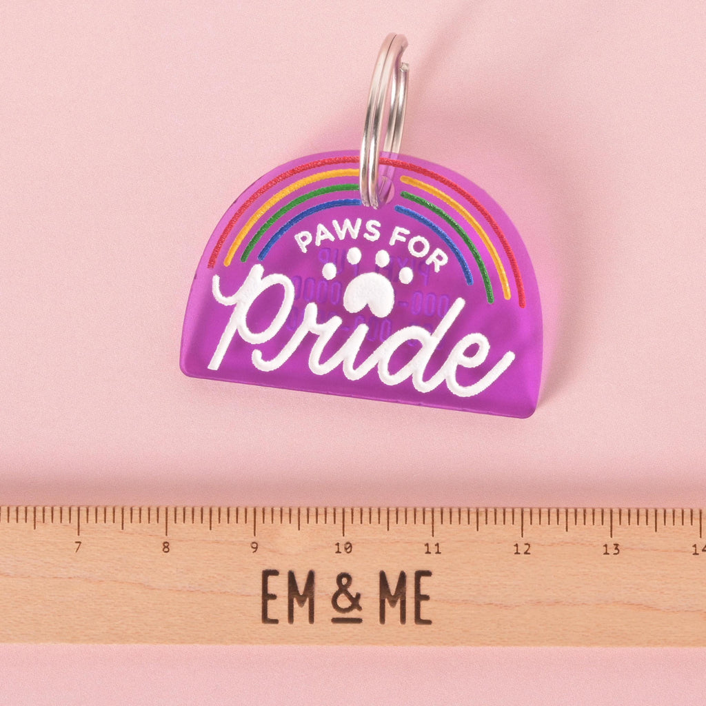 Purple acrylic pet ID tag with rainbow design and the words “Paws for Pride,” attached to a silver keyring, shown above a ruler for size reference. LGBTQ+ Pride accessory for pets.