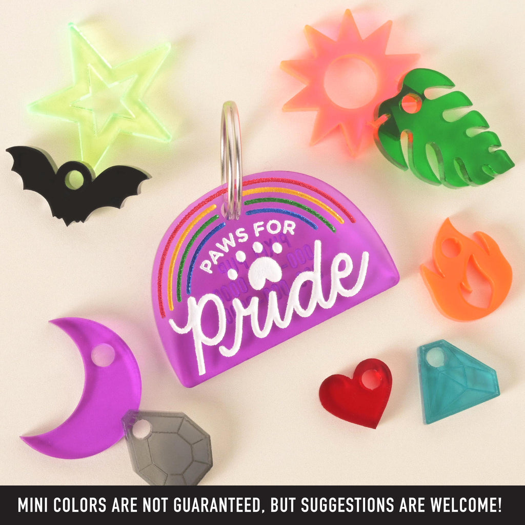 Purple acrylic pet tag with rainbow design and text “Paws for Pride,” displayed with colorful mini acrylic charms including a star, sun, leaf, bat, moon, flame, heart, gem, and triangle. LGBTQ+ Pride pet accessory.