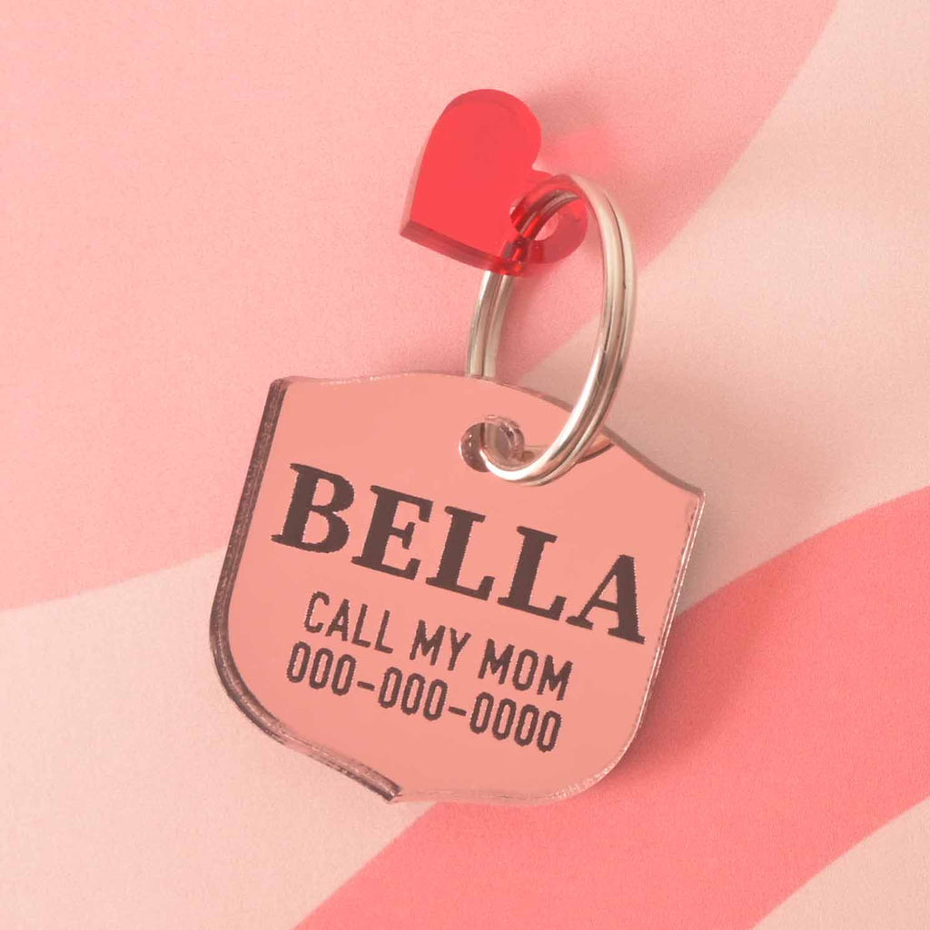 A personalized pink shield-shaped pet tag with the name "BELLA" and a placeholder phone number. The tag has a small, red heart charm attached. Both are connected to a silver ring, perfect for a collar, and are displayed on a light pink background with a wavy design.