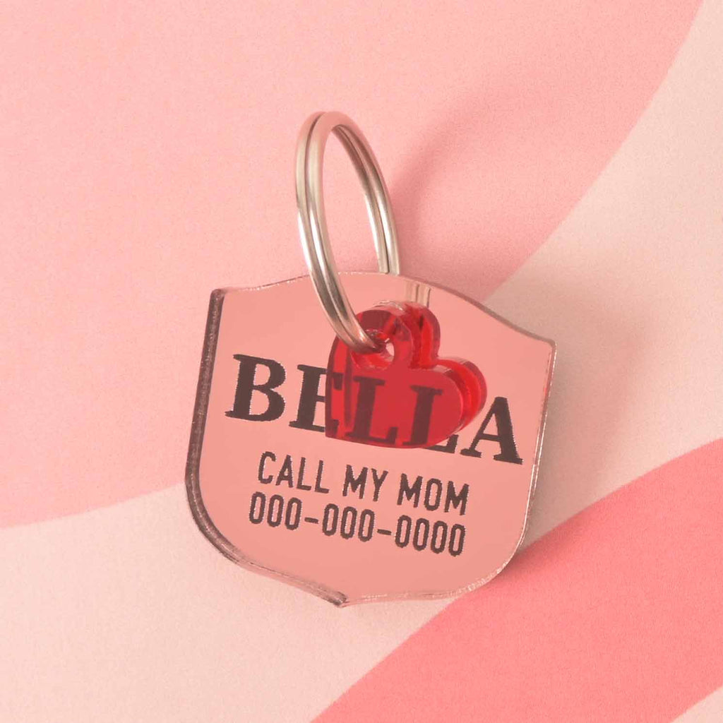 A personalized pink shield-shaped pet tag with the name "BELLA" and a placeholder phone number. The tag has a small, red heart charm attached. Both are connected to a silver ring, perfect for a collar, and are displayed on a light pink background with a wavy design.