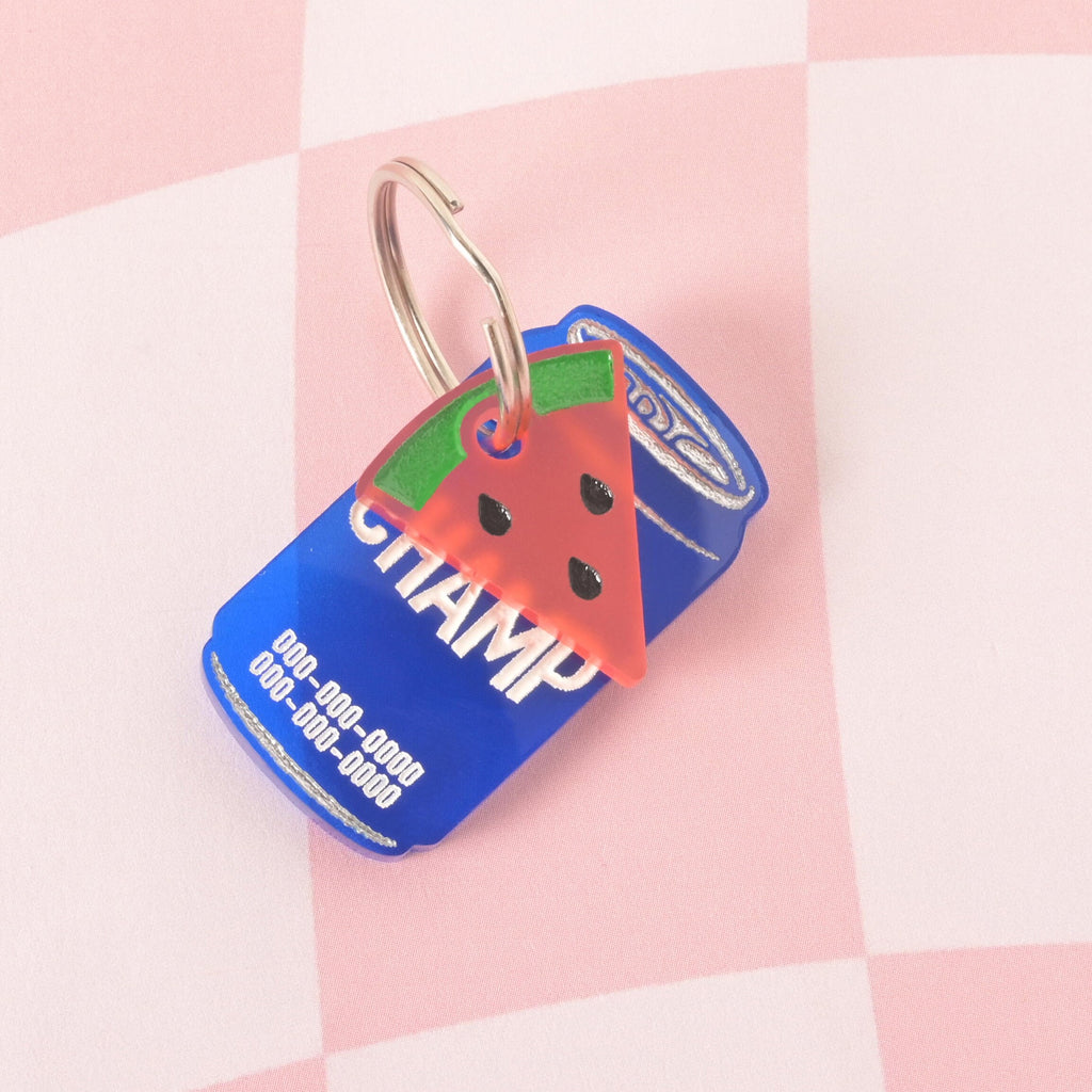 A custom, blue, can-shaped pet ID tag with "CHAMP" engraved on it. The can tag is also engraved with a phone number in white font. A small, pink and green watermelon slice charm with black seeds is attached to the silver keyring. The tags are displayed on a pink and white checkered background.