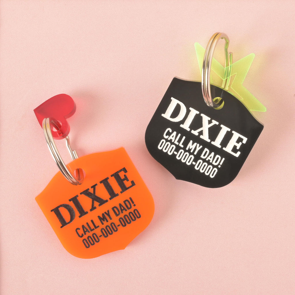 A pair of personalized pet tags in a shield shape, both with the name "DIXIE" and a placeholder phone number. The orange tag has a small red heart charm, while the black tag has a small, translucent green star charm. Both tags are attached to a silver ring for a collar and are displayed on a solid pink background.