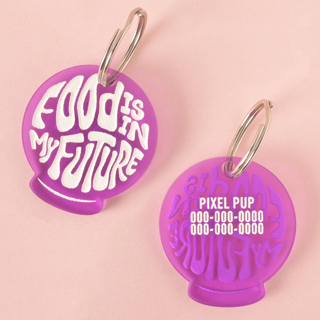 A pair of purple orb-shaped pet tags. The front of one tag says "FOOD IS IN MY FUTURE" in a white groovy font, and the back of the other has a placeholder for a pet's name, "PIXEL PUP," and a phone number. Both tags are attached to a silver ring for a collar and are displayed on a light pink background.