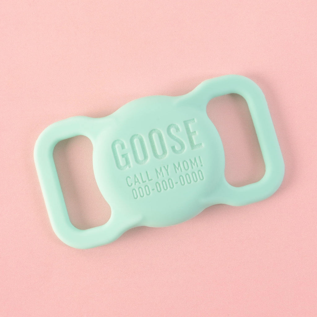 A personalized Mint AirTag holder for pets that says "GOOSE" and "CALL MY MOM!" with a placeholder phone number on it. The holder is displayed on a solid pink background.
