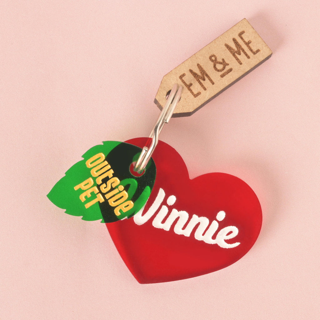 A custom red heart-shaped pet ID tag with "Vinnie" engraved in white script font. A small, dark green leaf-shaped charm with the text "OUTSIDE PET" in yellow is attached to the silver keyring. A small wooden tag with the logo "EM & ME" is also visible. The tags are displayed on a solid pink background.
