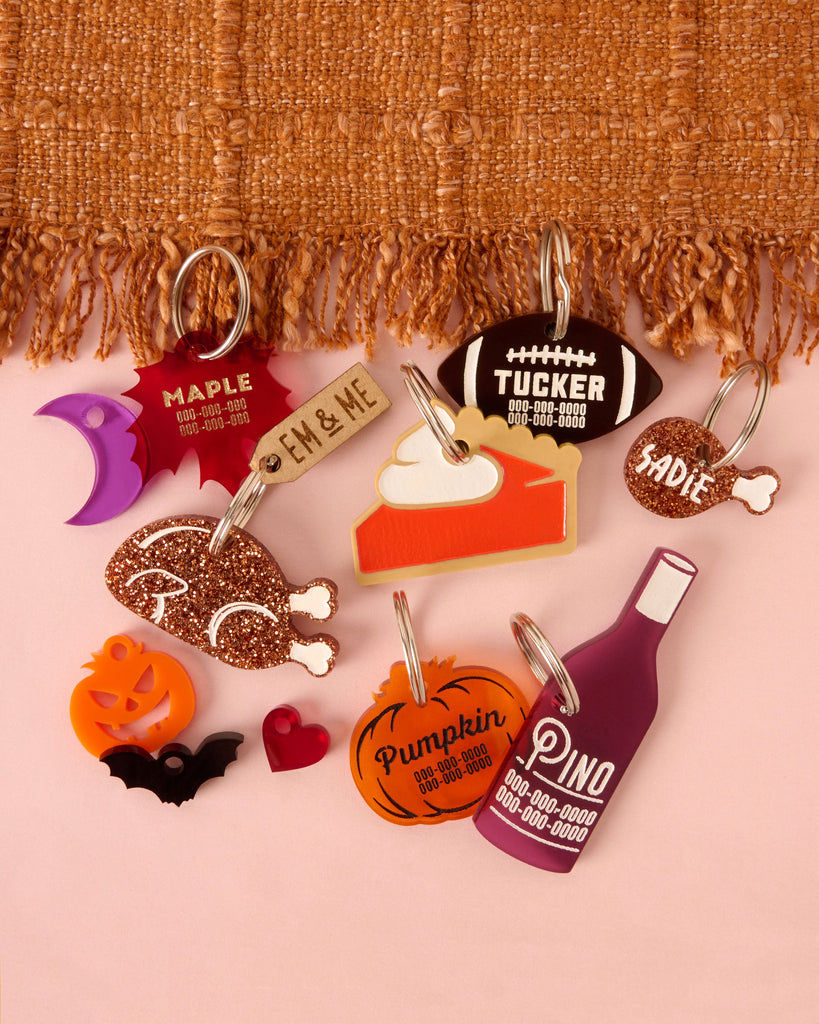 A collection of custom, personalized pet ID tags and charms: a glitter turkey leg, a layered pumpkin pie slice, a football tag for 'TUCKER', a wine bottle tag for 'PINO', a personalized pumpkin tag, and mini charms including a crescent moon, jack-o'-lantern, bat, and heart.