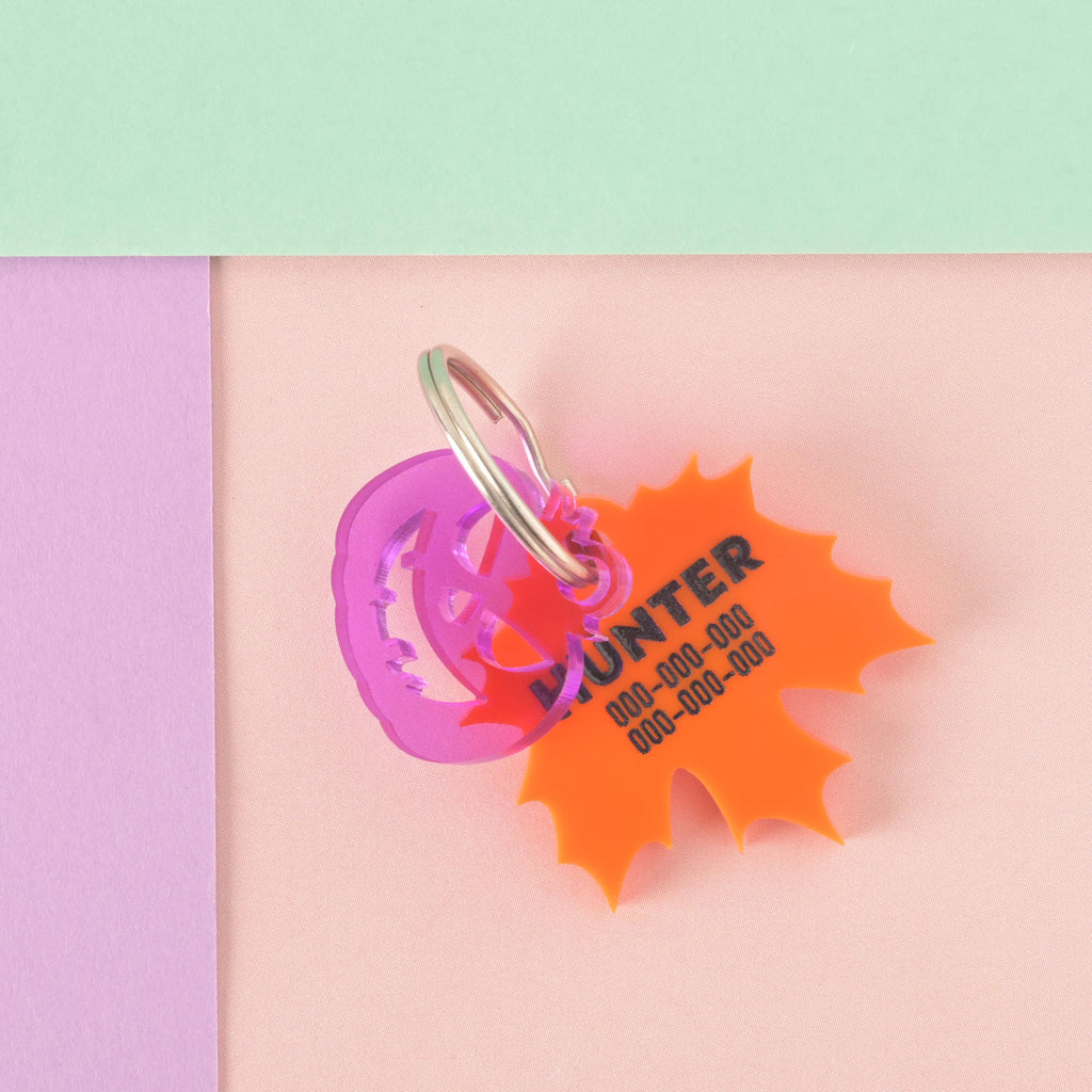 A personalized orange maple leaf-shaped pet tag with the name "HUNTER" and a placeholder phone number on it. The tag has a translucent purple carved pumpkin charm attached. Both are connected to a silver ring for a collar and are displayed on a light pink, purple, and mint green background.