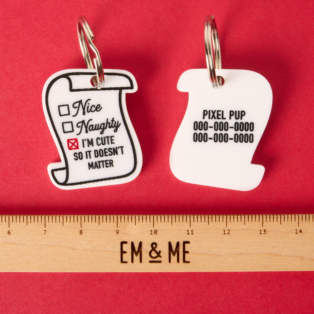 A personalized, white scroll-shaped pet ID tag in two views with a ruler for size reference. The front of the tag shows a naughty or nice checklist with "I'M CUTE SO IT DOESN'T MATTER" checked. The back is personalized with the name "PIXEL PUP" and a placeholder phone number. A wooden ruler with the "EM & ME" logo is placed below the tags to show their size. The items are displayed on a red and pink background.