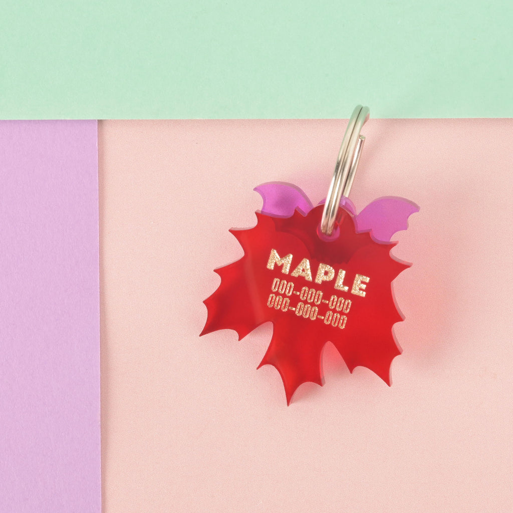 A personalized red maple leaf-shaped pet tag with the name "MAPLE" and a placeholder phone number on it. A small, frosted purple charm is attached behind the tag. The tags are connected to a silver ring for a collar and are displayed on a light pink, purple, and mint green background.