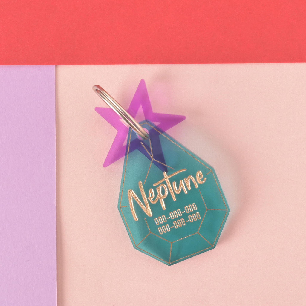A personalized translucent teal gemstone-shaped pet tag with the name "Neptune" written in a gold-colored script, along with a placeholder phone number. A small, translucent purple star charm is attached behind the tag. Both are connected to a silver ring for a collar and are displayed on a light pink, purple, and red background.